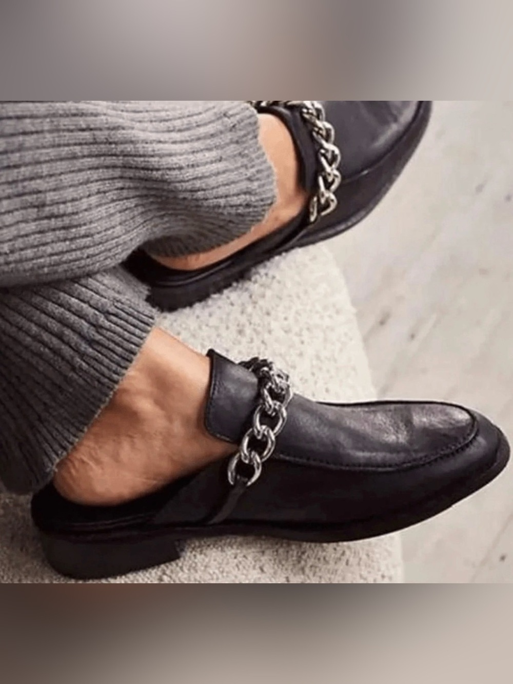 Prwnd free people leather mule 9.5 Free People Black Leather Chain-Trim Mules